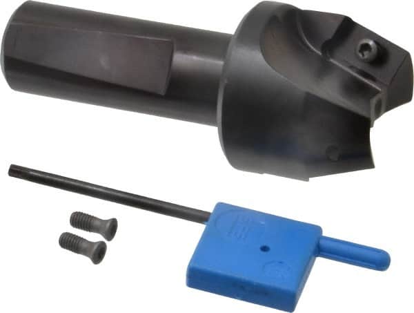 Kyocera - 20° Lead Angle, 1" Max Cut Diam, 1" Min Cut Diam, 35/64" Max Depth of Cut, Indexable Chamfer and Angle End Mill - 2 Inserts, XPMT 15T3.. Insert Style, 3.15" Overall Length, Straight Shank - Americas Industrial Supply
