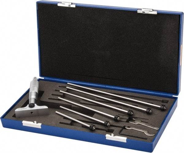 Fowler - 0 to 6" Range, 6 Rod, Mechanical Depth Micrometer - Ratchet Stop Thimble, 2-1/2" Base Length, 0.001" Graduation, 11/64" Rod Diam - Americas Industrial Supply