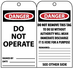 NMC - 3" High x 6" Long, DANGER - DO NOT OPERATE, English Safety & Facility Lockout Tag - Tag Header: Danger, 2 Sides, Black, Red & White Unrippable Vinyl - Americas Industrial Supply