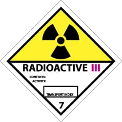 NMC - Accident Prevention Label - Legend: Radioactive III Contents: Activity: Transport Index, English, Black, Yellow, Pink & White, 4" Long x 4" High, Sign Muscle Finish - Americas Industrial Supply