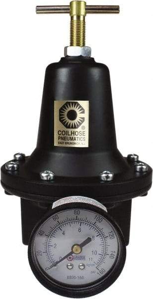 Coilhose Pneumatics - 1/4 NPT Port, 40 CFM, Cast Aluminum Heavy-Duty T-Handle Regulator - 0 to 125 psi Range, 250 Max psi Supply Pressure, 1/4" Gauge Port Thread, 3" Wide x 5-1/2" High - Americas Industrial Supply