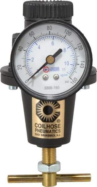 Coilhose Pneumatics - 3/8 NPT Port, 40 CFM, Cast Aluminum Heavy-Duty T-Handle Regulator - 0 to 125 psi Range, 250 Max psi Supply Pressure, 1/4" Gauge Port Thread, 3" Wide x 5-1/2" High - Americas Industrial Supply