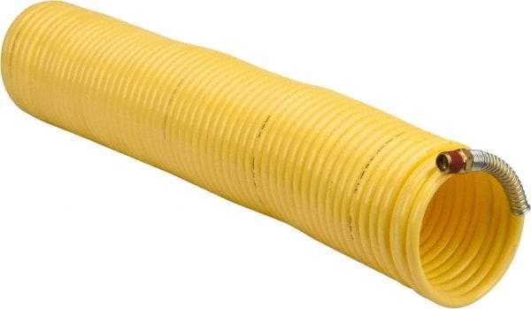 Coilhose Pneumatics - 1/4" ID, 1/4 Thread, 50' Long, Yellow Nylon Coiled & Self Storing Hose - 185 Max psi, Male Swivel x Male Swivel - Americas Industrial Supply
