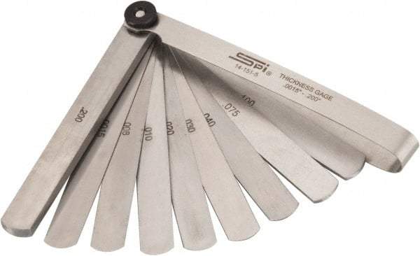 SPI - 13 Piece, 0.0015 to 0.2" Thick, Parallel Feeler Gage Set - 4-1/4" Leaf Length, 1/2" Wide, Tempered Steel - Americas Industrial Supply