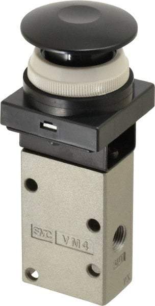 SMC PNEUMATICS - 0.38 CV Rate, 1/4" NPT Inlet Mechanical Valve - 3 Way, 3 Ports, Push Button Mushroom - Americas Industrial Supply