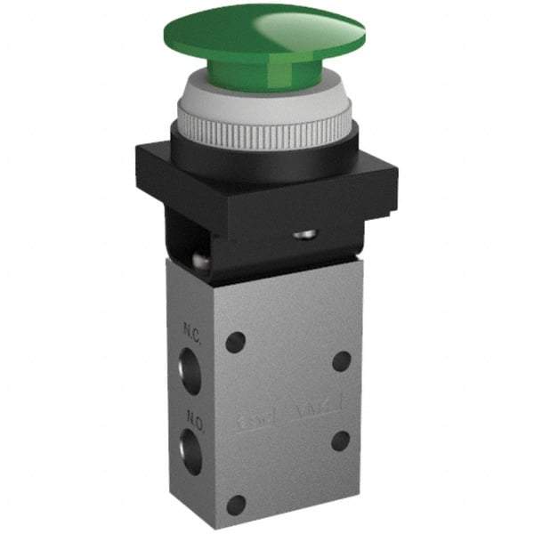 SMC PNEUMATICS - 0.38 CV Rate, 1/4" NPT Inlet Mechanical Valve - 3 Way, 3 Ports, Push Button Mushroom - Americas Industrial Supply