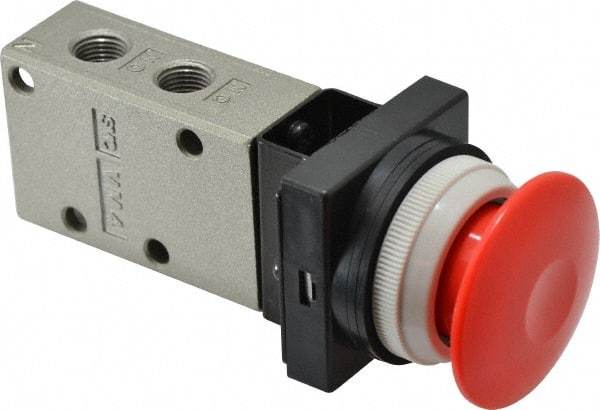 SMC PNEUMATICS - 0.38 CV Rate, 1/4" NPT Inlet Mechanical Valve - 3 Way, 3 Ports, Push Button Mushroom - Americas Industrial Supply