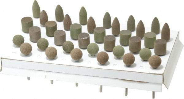 Grier Abrasives - 36 Piece Aluminum Oxide Rubber Rubber Mounted Abrasive Wheel Set - Includes Mounted Wheels with 1/8" Diam x 1-1/2" Long Shank - Americas Industrial Supply