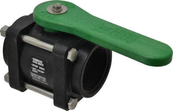 Green Leaf - 2" Pipe, Standard Port, Polypropylene Standard Ball Valve - 3 Piece, Inline - One Way Flow, FNPT x FNPT Ends, Lever Handle, 150 WOG - Americas Industrial Supply