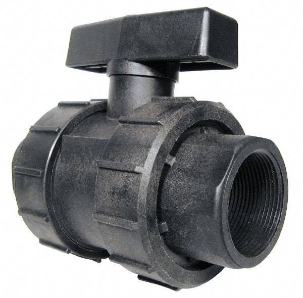 Green Leaf - 1-1/4" Pipe, Full Port, Polypropylene True Union Design Ball Valve - Inline - One Way Flow, FNPT x FNPT Ends, Tee Handle, 125 WOG - Americas Industrial Supply