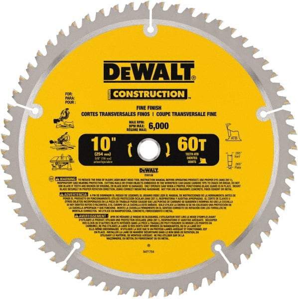 DeWALT - 10" Diam, 5/8" Arbor Hole Diam, 60 Tooth Wet & Dry Cut Saw Blade - Carbide-Tipped, Fine Finishing Action, Standard Round Arbor - Americas Industrial Supply