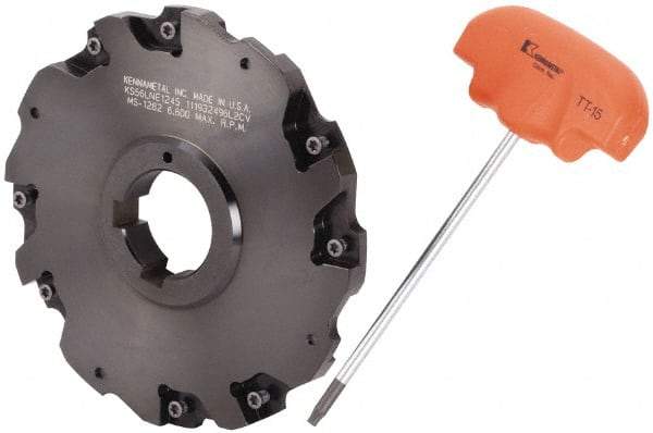 Kennametal - Arbor Hole Connection, 3/8" Cutting Width, 1.466" Depth of Cut, 5" Cutter Diam, 1-1/4" Hole Diam, 4 Tooth Indexable Slotting Cutter - 90° LN Toolholder, LNE 1245... Insert - Americas Industrial Supply