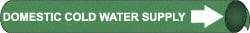 NMC - Pipe Marker with Domestic Cold Water Supply Legend and Arrow Graphic - 10 to 10" Pipe Outside Diam, White on Green - Americas Industrial Supply