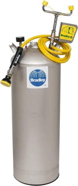 Bradley - 15 Gallon, 0.4 GPM Flow Rate at 30 PSI, Pressurized with Drench Hose Stainless Steel, Portable Eye Wash Station - 18 Min Duration, 12-1/4 Inch Wide x 30-3/8 Inch High - Americas Industrial Supply
