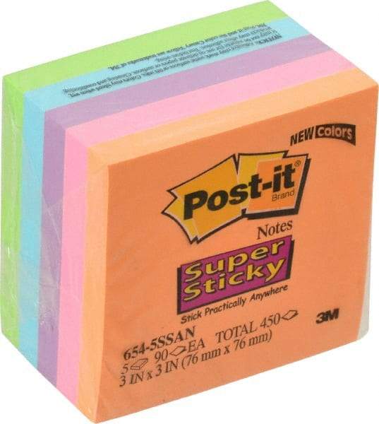 3M - 90 Sheet, 3 x 3", Note Pad/Writing Pad/Notebook - Neon Colors - Americas Industrial Supply