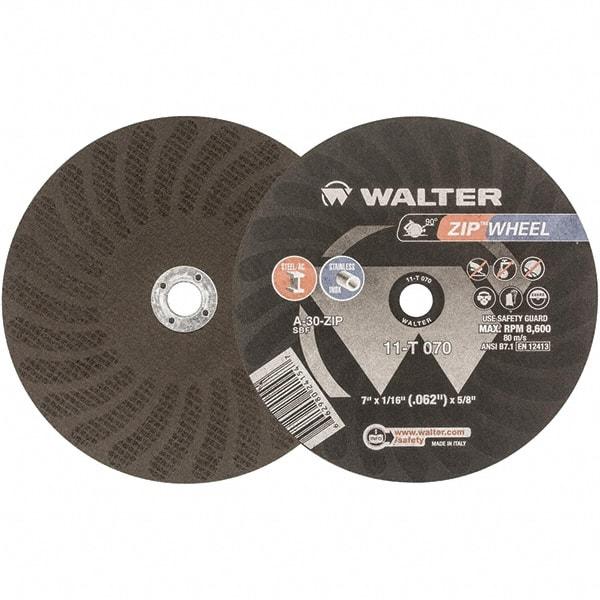 WALTER Surface Technologies - 7" 30 Grit Aluminum Oxide Cutoff Wheel - 1/16" Thick, 5/8" Arbor, 8,600 Max RPM, Use with Circular Saws - Americas Industrial Supply