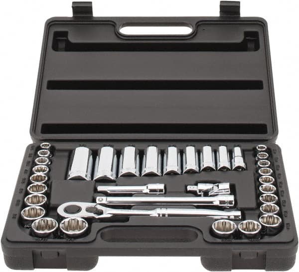 Stanley - 34 Piece 3/8" Drive Chrome Finish Deep Well Socket Set - 12 Points, 5/16" to 7/8" (8mm to 19mm) Range, Inch/Metric Measurement Standard - Americas Industrial Supply