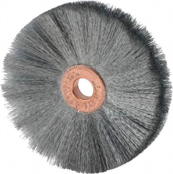 Weiler - 2" OD, 1/4" Arbor Hole, Crimped Steel Wheel Brush - 3/8" Face Width, 3/4" Trim Length, 0.003" Filament Diam, 20,000 RPM - Americas Industrial Supply
