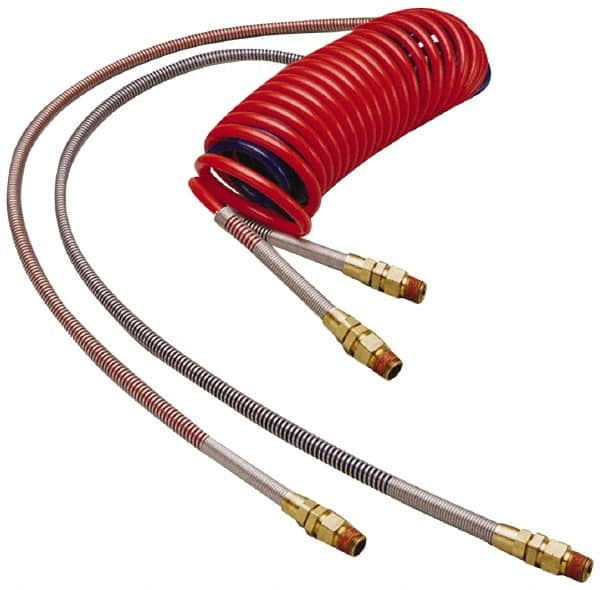 Parker - 3/8" ID, 1/2 x 1/2 Thread, 15' Long, (1) Red & (1) Blue SAE J844 Type B Nylon Coiled & Self Storing Hose - 150 Max psi, Parker NTA Brass Fittings - Americas Industrial Supply