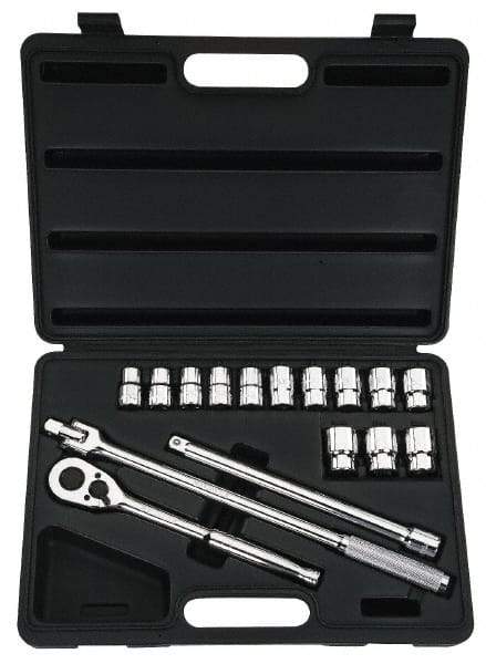 Stanley - 16 Piece 1/2" Drive Chrome Finish Socket Set - 6 Points, 12mm to 24mm Range, Metric Measurement Standard - Americas Industrial Supply