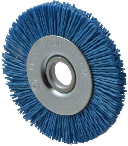 Value Collection - 3" OD, 1/2" Shank Diam, 1/2" Arbor Hole, Crimped Nylon Wheel Brush - 3/8" Face Width, 5/16" Trim Length, 4,500 RPM - Americas Industrial Supply