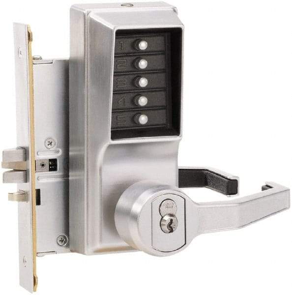 Kaba Access - Combination Entry Lever Lockset with Key Override - 2-3/4" Back Set, No Cylinder, Zamak3, Satin Chrome Finish - Americas Industrial Supply