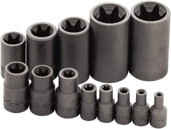 SK - 13 Piece 1/4, 3/8 & 1/2" Drive Standard Socket Set - 6 Points, E4 to E24 Torx, Torx Measurement Standard - Americas Industrial Supply