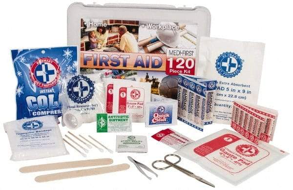 Medique - 120 Piece, Multipurpose/Auto/Travel First Aid Kit - 10" Wide x 3-1/2" Deep x 7-1/2" High, Plastic Case - Americas Industrial Supply