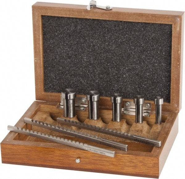 Value Collection - 8 Piece, 1/16 to 1/8" Keyway Width, Style A Keyway Broach Set - Bright Finish High Speed Steel Broach, Collared Bushing, 1/4 to 1/2" Bushing Diam - Americas Industrial Supply