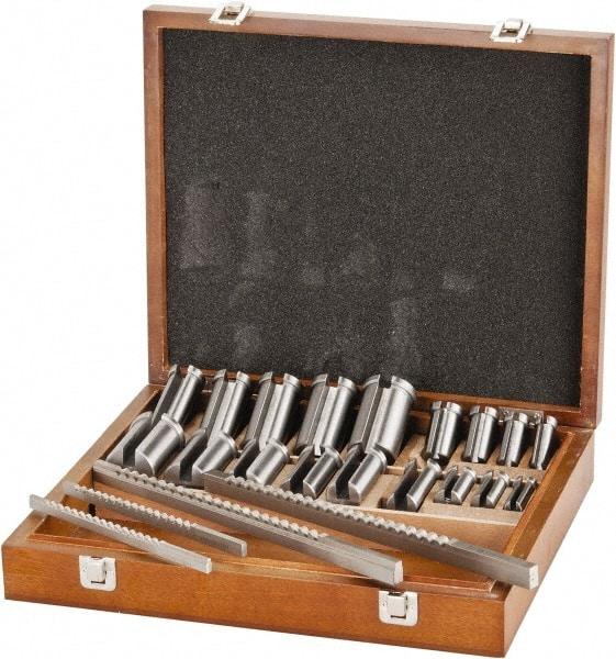 Value Collection - 27 Piece, 1/8 to 3/8" Keyway Width, Style B & C Keyway Broach Set - Bright Finish High Speed Steel Broach, Collared Bushing, 1/2 to 1-9/16" Bushing Diam - Americas Industrial Supply