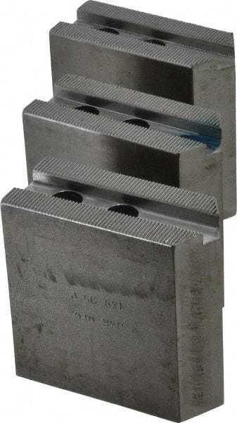 H & R Manufacturing - 1.5mm x 60° Serrated Attachment, Square Soft Lathe Chuck Jaw - 3 Jaws, Steel, 1" Btw Mount Hole Ctrs, 3-1/2" Long x 1-1/2" Wide x 3-1/2" High, 0.551" Groove, 12mm Fastener - Americas Industrial Supply