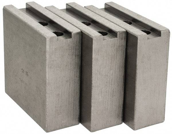 H & R Manufacturing - 1.5mm x 60° Serrated Attachment, Square Soft Lathe Chuck Jaw - 3 Jaws, Steel, 1.266" Btw Mount Hole Ctrs, 4" Long x 1-1/2" Wide x 4" High, 0.63" Groove, 12mm Fastener - Americas Industrial Supply