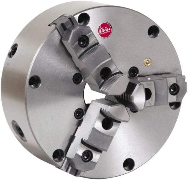 Atlas Workholding - 3 Jaws, 8" Diam, Self Centering Manual Lathe Chuck - Plain Back Mount Spindle, Adjustable, Reversible, 2,800 Max RPM, 2.346" Through Hole Diam, Cast Iron - Americas Industrial Supply