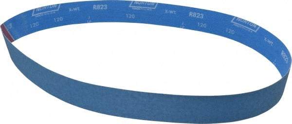 Norton - 2" Wide x 48" OAL, 120 Grit, Zirconia Alumina Abrasive Belt - Zirconia Alumina, Fine, Coated, X Weighted Cloth Backing, Series R823 - Americas Industrial Supply