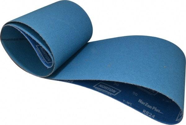 Norton - 8" Wide x 107" OAL, 50 Grit, Zirconia Alumina Abrasive Belt - Zirconia Alumina, Coarse, Coated, Y Weighted Cloth Backing - Americas Industrial Supply