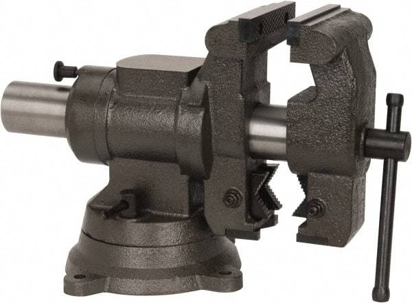 Palmgren - 5-1/8" Jaw Width x 4, 4-1/2" (V-Jaw) Jaw Opening Capacity, 3-1/2" Throat Depth, Bench & Pipe Combination Vise - 1/4 to 3-1/2" Pipe Capacity, Swivel Base, Bolt Down Attachment, Cast Iron (Body), Steel (Jaw Plate) - Americas Industrial Supply