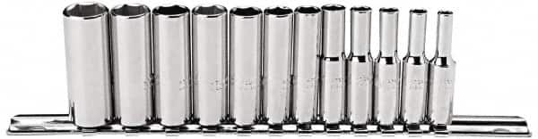 Proto - 12 Piece 1/4" Drive Deep Well Socket Set - 6 Points, 4mm to 14mm Range, Metric Measurement Standard - Americas Industrial Supply