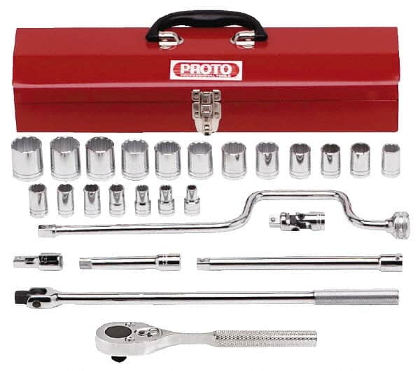 Proto - 26 Piece 1/2" Drive Socket Set - 12 Points, 3/8" to 1-1/4" Range, Inch Measurement Standard - Americas Industrial Supply