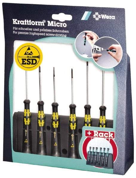 Wera - 6 Piece Phillips & Slotted Screwdriver Set - Blade Sizes: Width mm 1.2, 1.2, 1.8 & 2.5, Bit Sizes: Philips #0 to #1, Metric Length mm: 40, 60 & 80mm - Americas Industrial Supply