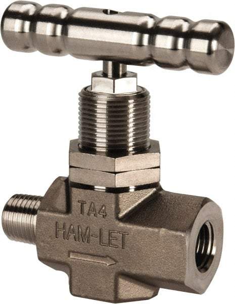 Ham-Let - 5,000 Max psi, 1/4" Pipe, 316 Grade Stainless Steel, Inline Soft Seat Instrumentation Needle Valve - MNPT x FNPT End Connections, Swaglok SS-1KM4-F4-SH - Americas Industrial Supply