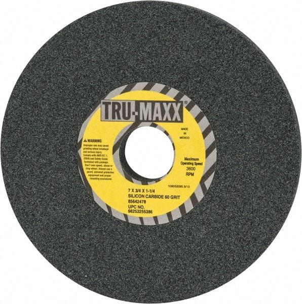Tru-Maxx - 60 Grit Silicon Carbide Bench & Pedestal Grinding Wheel - 7" Diam x 1-1/4" Hole x 3/4" Thick, 3600 Max RPM, K Hardness, Medium Grade , Vitrified Bond - Americas Industrial Supply