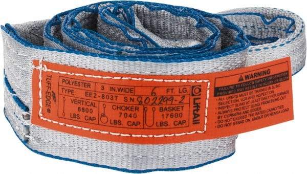 Lift-All - 6' Long x 3" Wide, 8,600 Lb Vertical Capacity, 2 Ply, Polyester Web Sling - 6,900 Lb Choker Capacity, Silver (Color) - Americas Industrial Supply