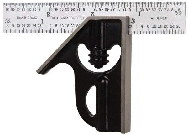 Starrett - 2 Piece, 4" Combination Square Set - 1/16, 1/32, 1/64 & 1/8" (4R) Graduation, Steel Blade, Forged Steel Square Head - Americas Industrial Supply