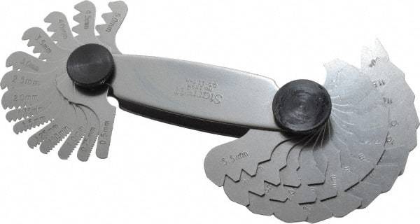 Starrett - 28 Leaf, 0.5 to 11.5mm Pitch Range, Steel Screw Pitch Gage - 60° Thread Angle - Americas Industrial Supply