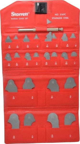 Starrett - 25 Piece, 1/64 to 1/2 Inch Radius, Stainless Steel Radius Gage Set - Satin Chrome Coated - Americas Industrial Supply