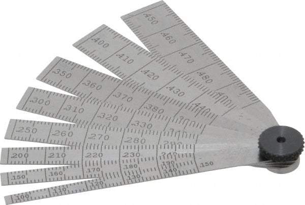 Starrett - 0.1 to 0.5 Inch Measurement, 8 Leaf Taper Gage - 2-1/2 Inch Long, Tempered Steel, 0.001 Inch Graduation - Americas Industrial Supply
