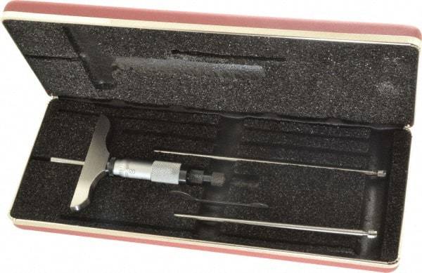 Starrett - 0 to 3" Range, 3 Rod, Satin Chrome Finish Mechanical Depth Micrometer - Ratchet Stop Thimble, 3" Base Length, 0.01mm Graduation, 5/32" Rod Diam - Americas Industrial Supply