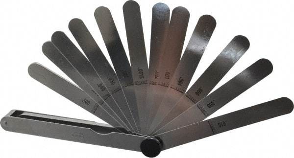 Starrett - 13 Piece, 0.0015 to 0.2" Thick, Parallel Feeler Gage Set - 4-1/2" Leaf Length, 1/2" Wide, Tempered Steel - Americas Industrial Supply