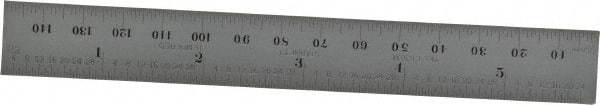 Starrett - 5-3/4" Long, 1/64, 1/32" and 0.5, 1mm Graduation, Rigid Spring Steel Rule - English/Metric Graduation Style, 3/4" Wide, Silver, Satin Chrome Finish - Americas Industrial Supply
