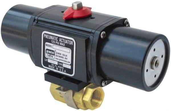 Gemini Valve - 1-1/2" Pipe, 720 psi WOG Rating Brass Pneumatic Spring Return with Solenoid Actuated Ball Valve - Reinforced PTFE Seal, Standard Port, Threaded (NPT) End Connection - Americas Industrial Supply